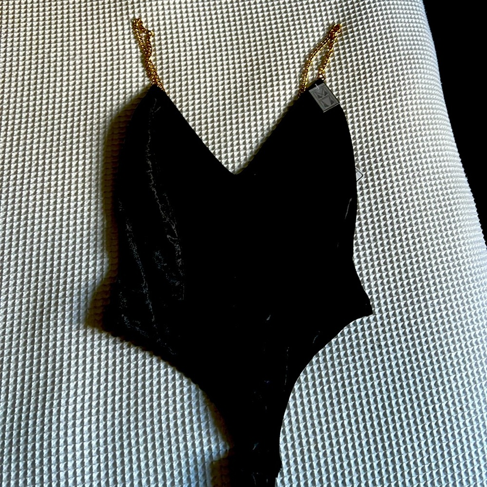 Sexy black velvet bodysuit with gold chain straps